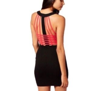 Neon Pink Caged Back Black Bodycon Dress